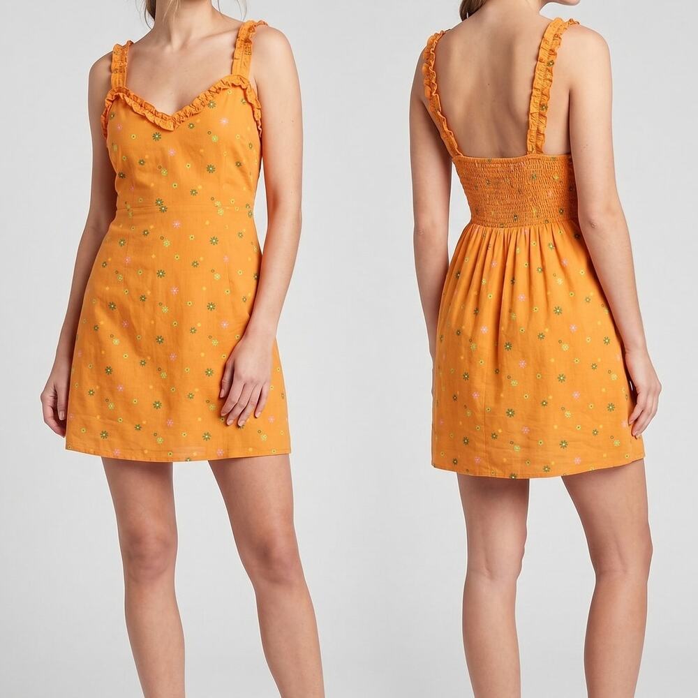 Abound Small Mini Slip Dress Yellow Floral Linen Rayon Blend Ruffled Straps
